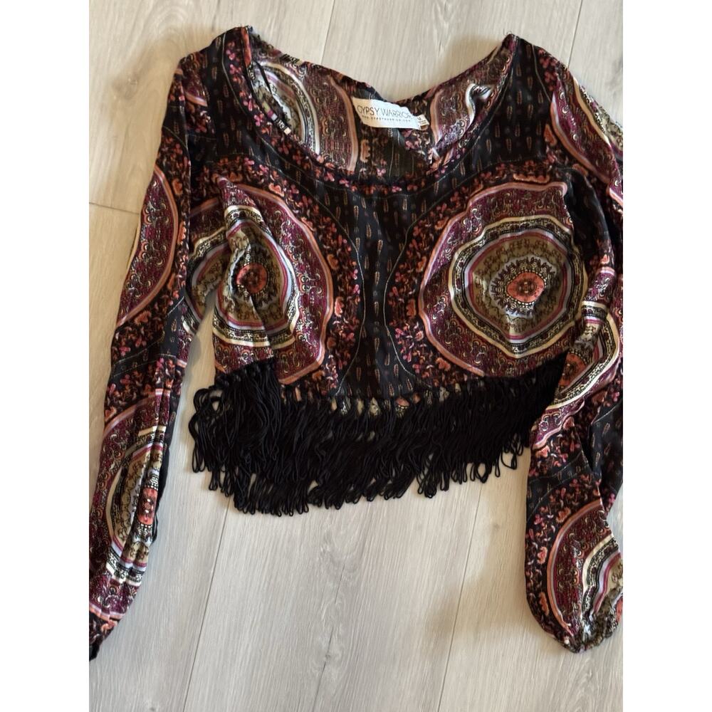 Gypsy Warrior Mandala Print Black Fringe Cropped Top M Hippy Boho Festival